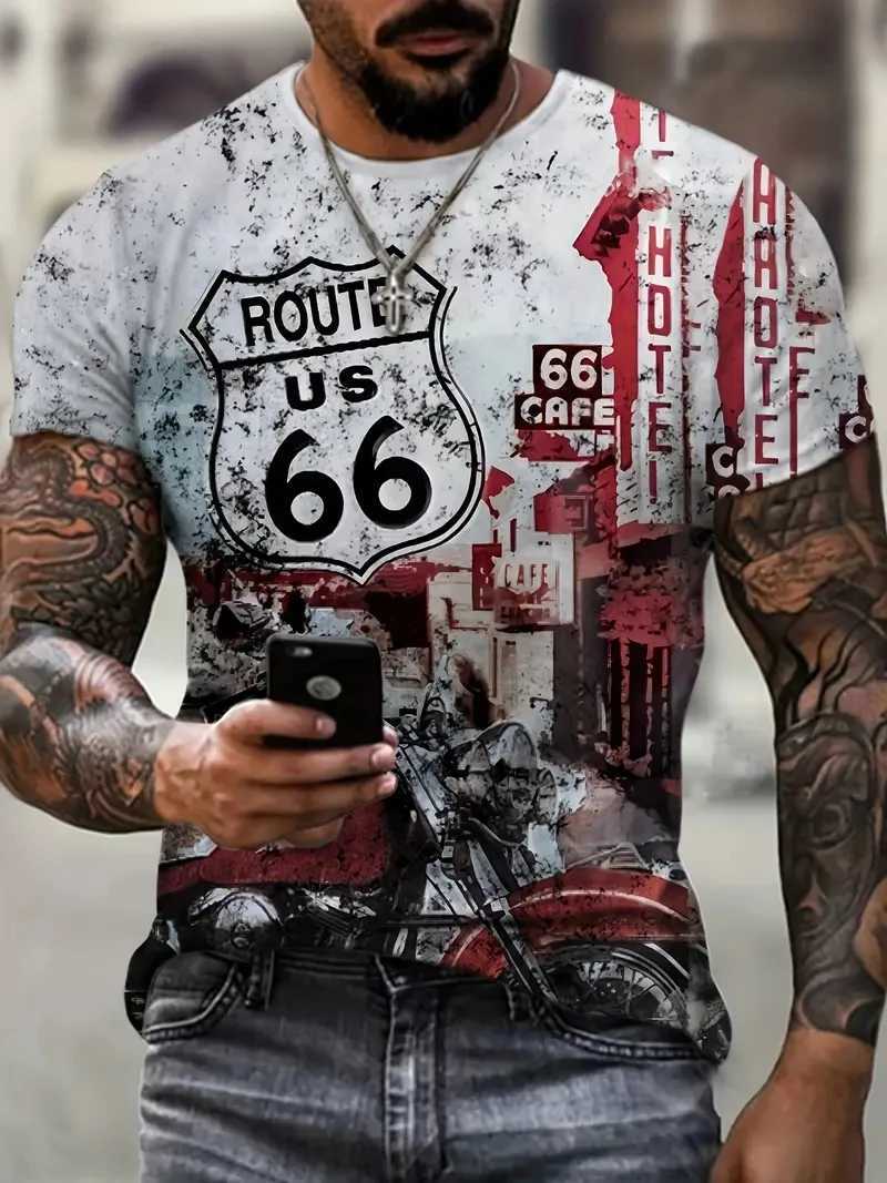 Vintage 66 Route T-Shirt for Men 3D Printed Biker Motor Mens T Shirts Oversized T Shirt Route 66 Racing Short Sleeve Camiseta Z250527