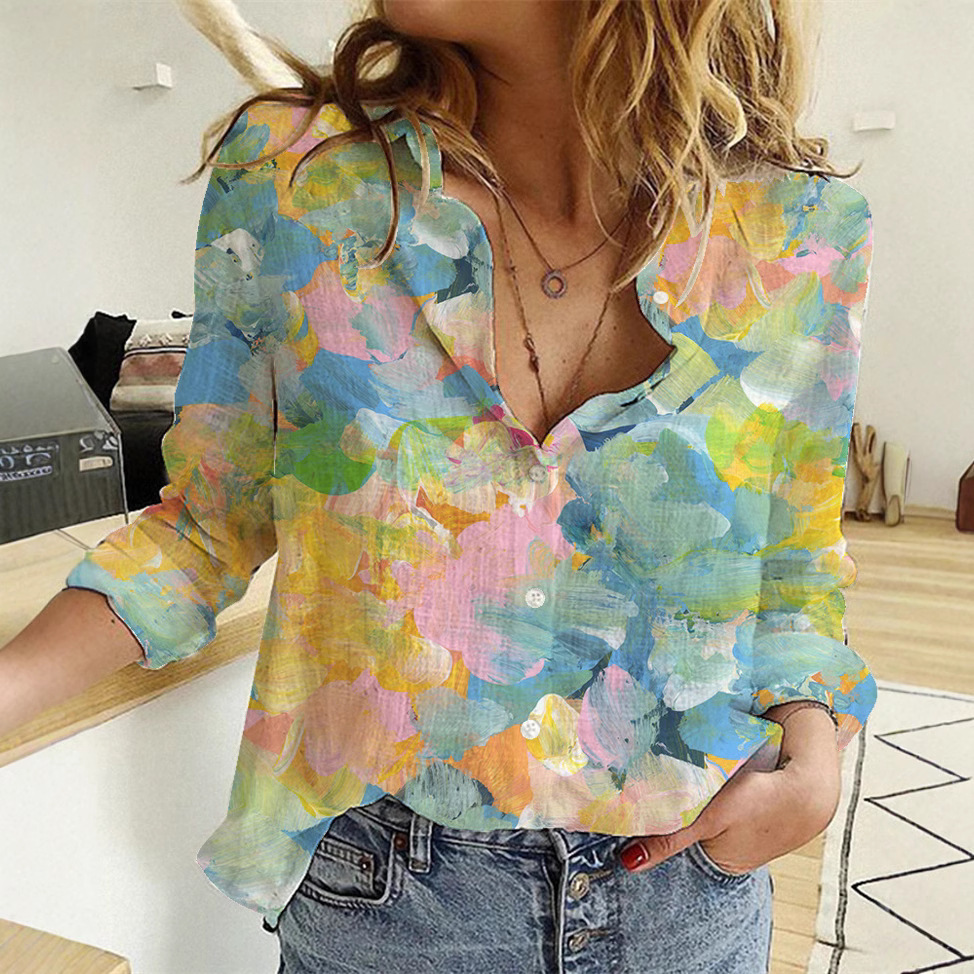Women's Fashion Gradient Color Printed Women's Shirt Loose Long Sleeve Cardigan Shirt Women's