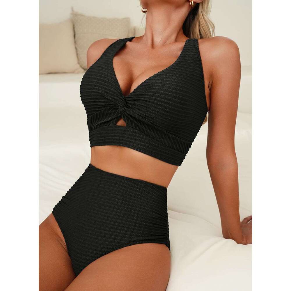 2025 Women's Textured Bikini Set Front Twist Top High Waist Swimsuit for Women