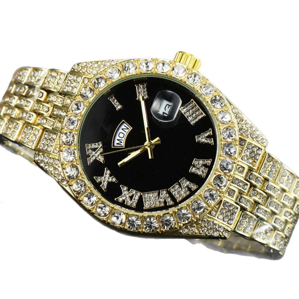 New Men's with Full Diamond Decoration, High Brand Name, Smart Dual Calendar, Waterproof Quartz Watch