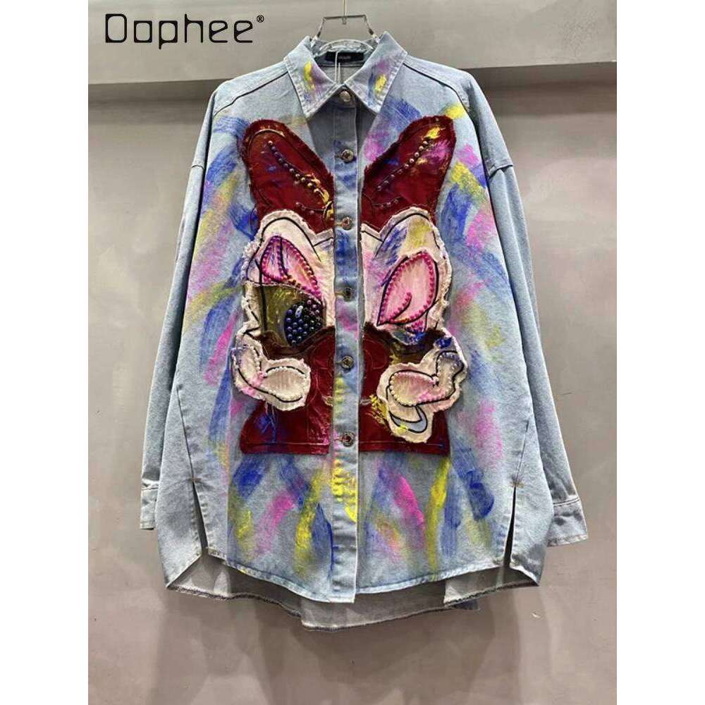 Trendy Jacket 2025 Spring And Autumn New Cartoon Sticker Hand-Painted Design Loose Women's Clothing Denim Shirt
