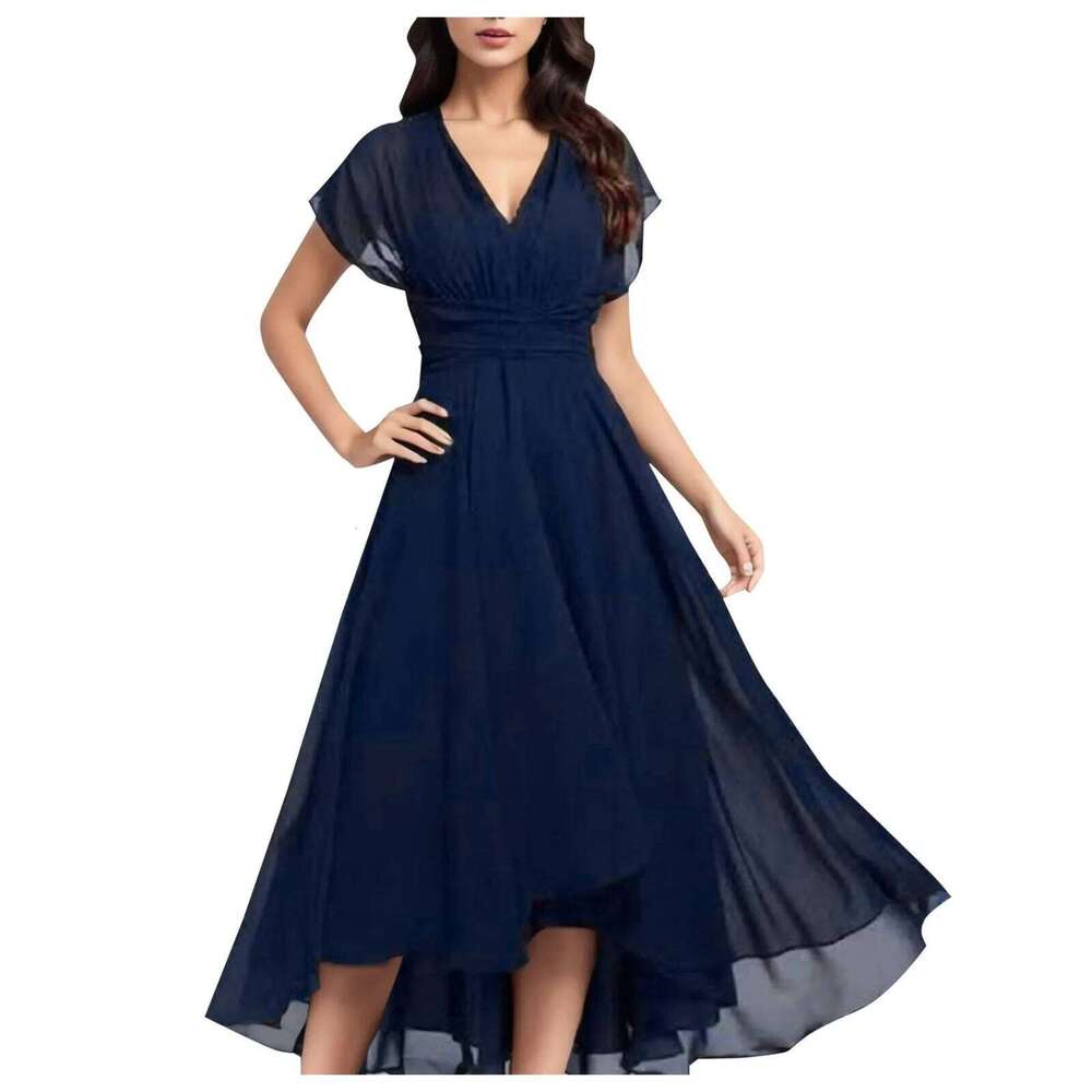 Elegant Women Chiffon Short Sleeve Long V-Neck High Waist A-Line Evening Party Tulle tail Formal Dress Vestidos