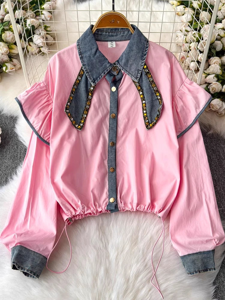 2025 Spring Blouse Lantern Sleeve Denim Patchwork Ruffles Draw String Shirts Fashion n All Match Elegant Women Clothing 250523
