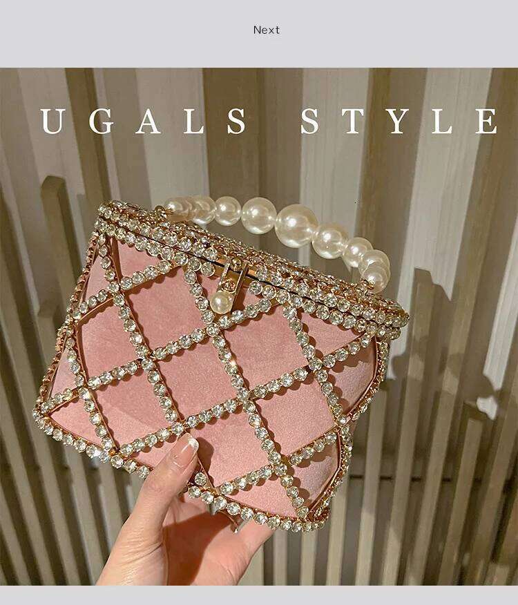 Rhinestones Dia Evening Hollow Pearl Beaded Metallic Cage Women Handbag Wedding Party Clutch Purse Shoulder Bag