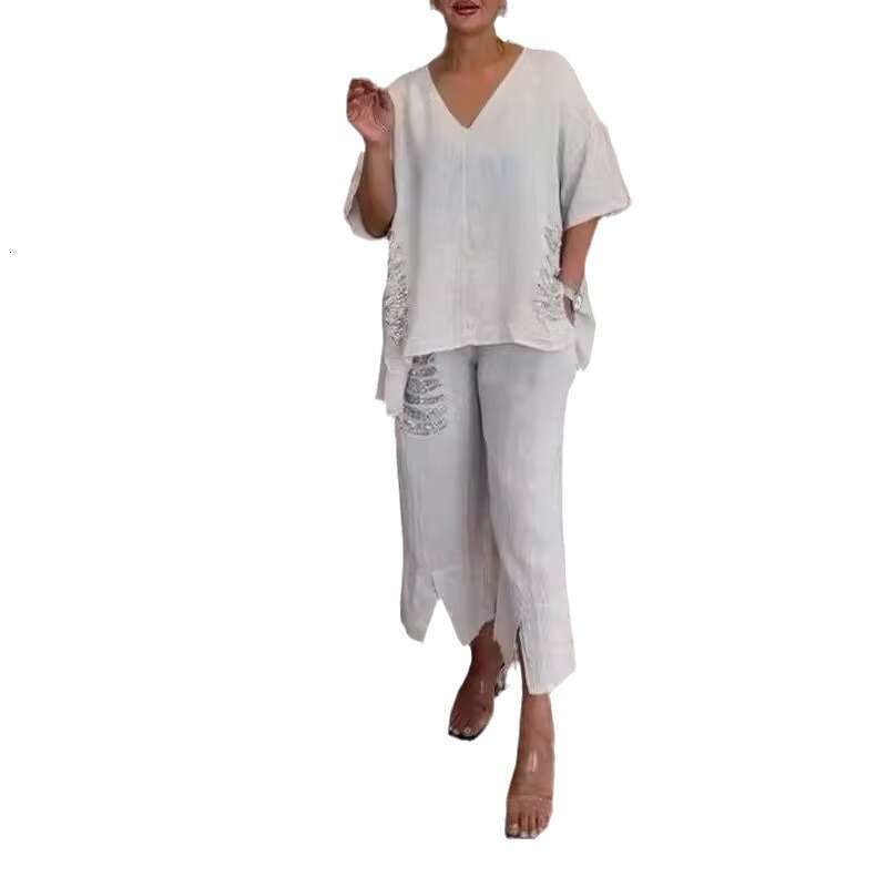 2025 Summer_Women's Casual Cotton Linen V-neck Top with Distressed Sequins Irregular Set