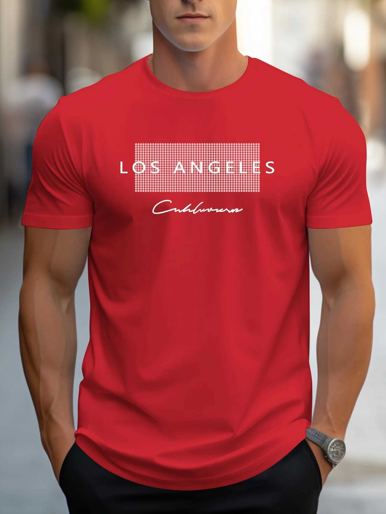 Mens 100% cotton summer loose fit large Los Angeles Graphic printed slim fit casual sports round neck short sleeved T-shirt top Z250527