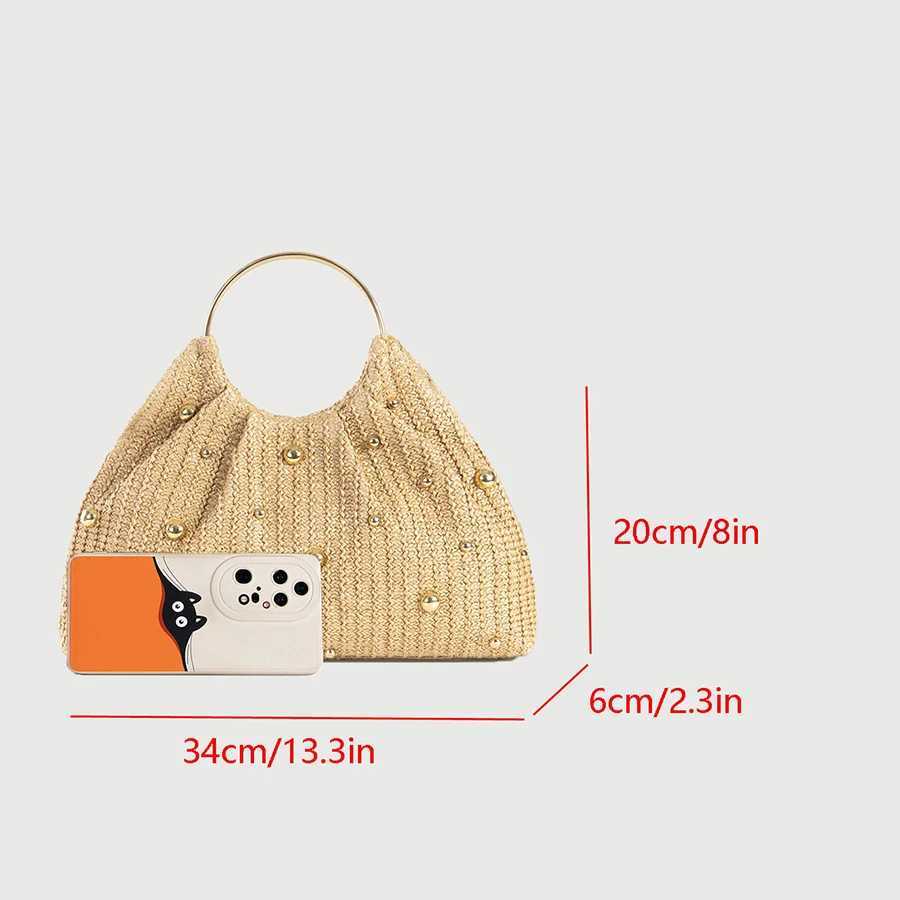 Summer Hand-woven Straw Bag Women Hollowed-Out Metal Round Handle Clutch Purse Bead Decoration Cloud Handbag Travel Beach Totes W250527
