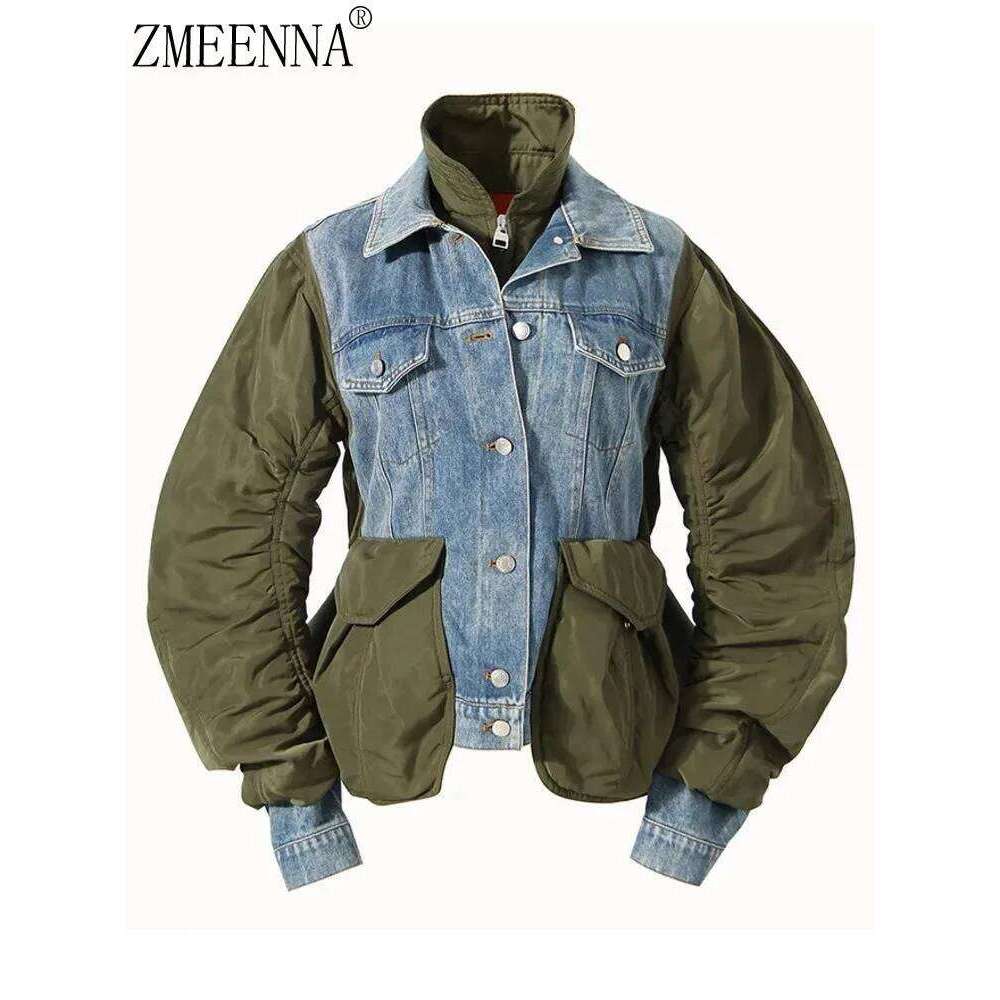 ZMEENNA Womens Color Block Denim Jacket Unique Design Casual Long Sleeve Coat Stylish Patchwork Outerwear Fashion Top Zm752