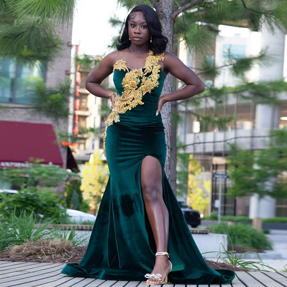 Dark Green Prom Dresses With Gold Appliqued 2025 Sexy Slit Mermaid Gala Party Dress For African Girl Luxury Customized