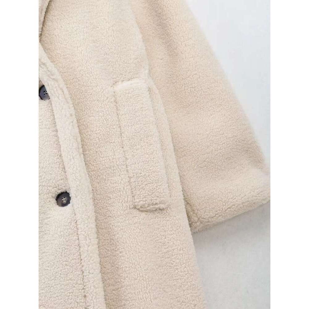 EAM Beige Big Size Thick Lamb Wool Jacket Loose Fit New Lapel Long Sleeve Women Coat Fashion Tide Spring Autumn 2025 30A2929