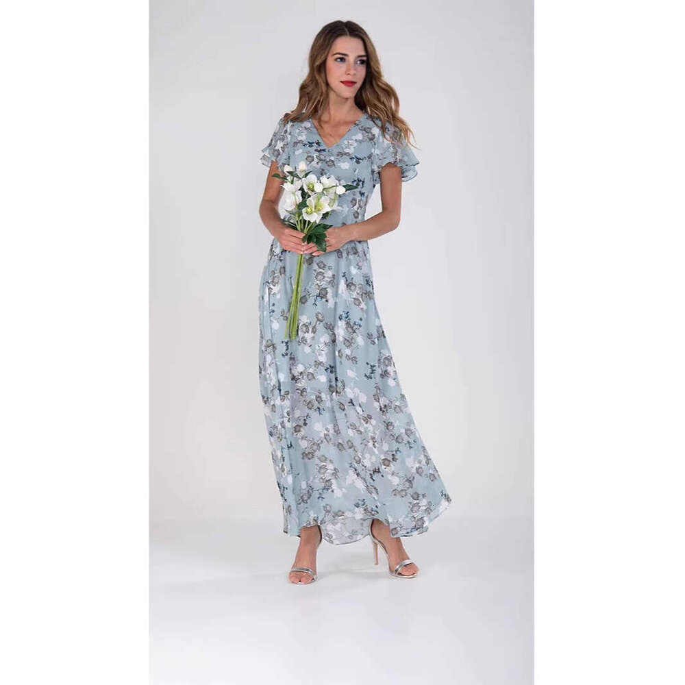 New Style Beach Long Chiffon Floral Short Sleeve Ruffle V-neck Fashion Waist-cinching Dress