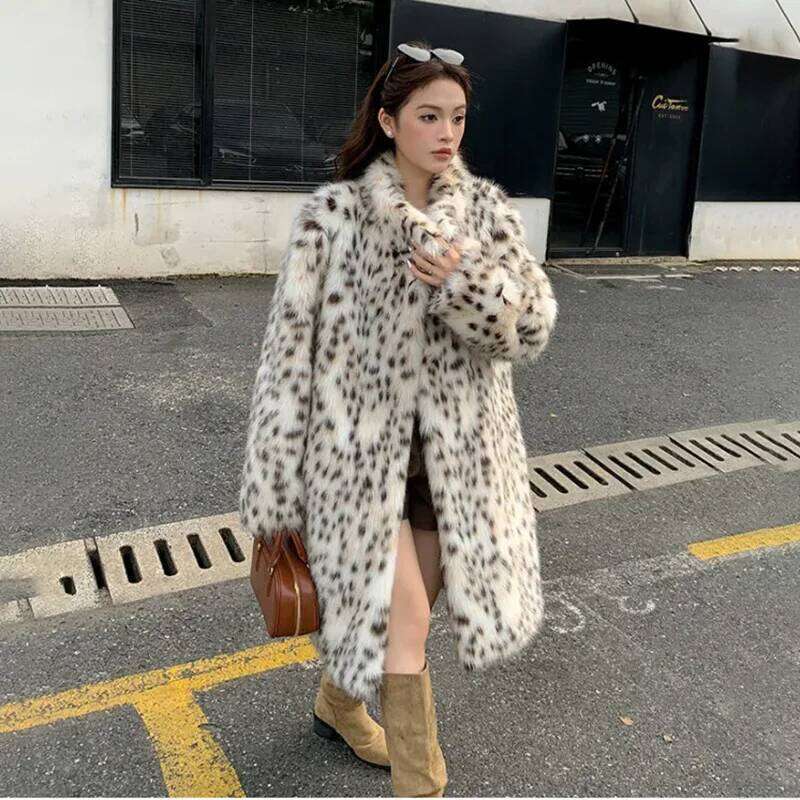 Thicke Jacket Women's Outwear Autumn Winter New Eco-Friendly Faux Fox Leopard Print Lapel Fur Coat