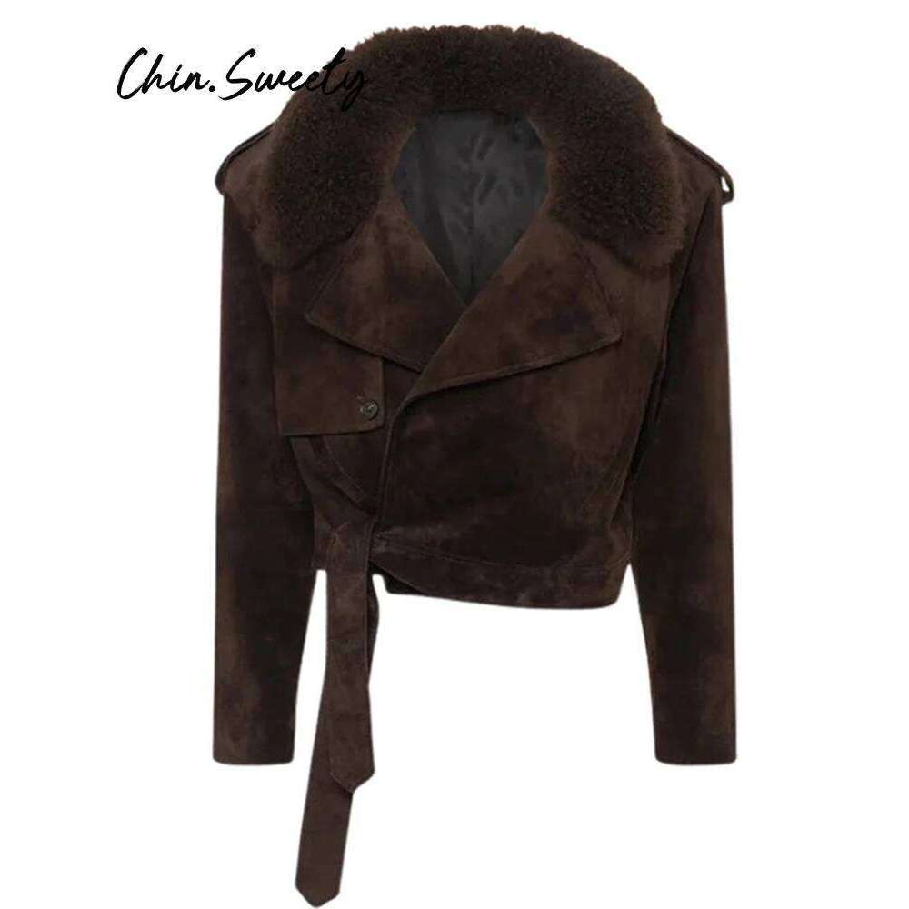 Faux Fur Patchwork Women Coat Slim Full Sleeve Lace Up Female Short Jacket 2024 Autumn Vintage Lapel Lady Overcoat