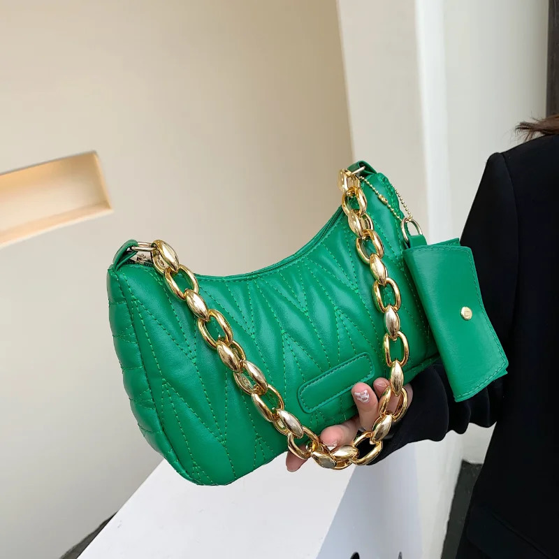 High-quality Lingge Womens One-Shoulder Dumpling Bag Girl Chain Armpit Bag Embroidery Thread Womens Two-Piece Womens Bag PU M 250526