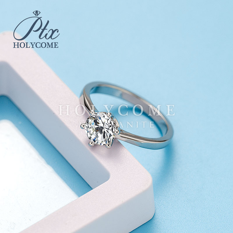 Round Moissanite Band D VVS New Straight Six Claw Design 1ct Single Stone 925 Silver with Diamond Women Luxury Wedding Moissanite Ring