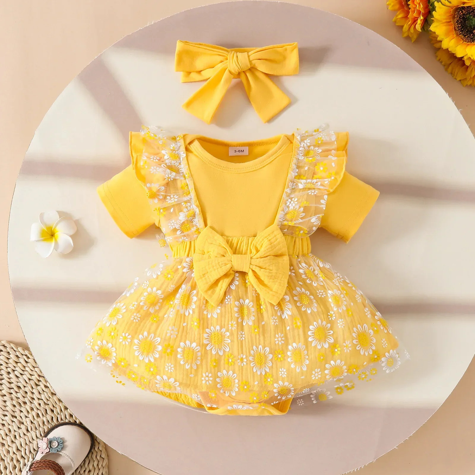 0 2 Y Baby Girl Short Sleeve Cotton Romper and Mesh Strap Skirt Set with Bow Options for Childrens Clothes 250527