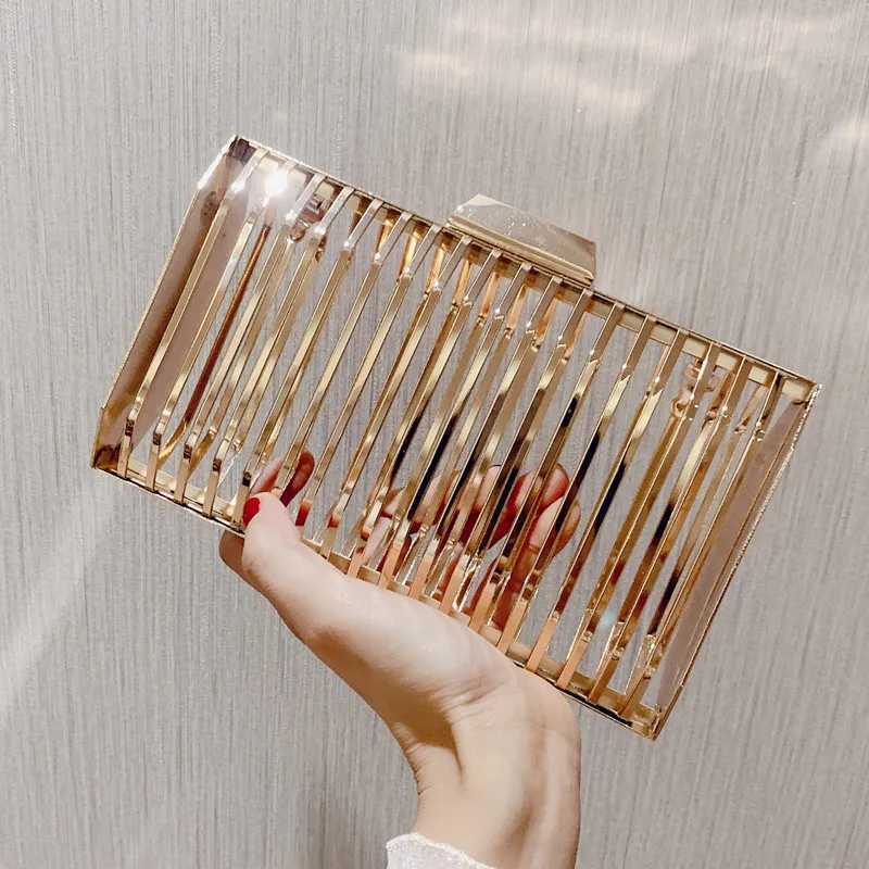 Gold Women Chain Crossbody Bags Iron Cage Metal Hollow Out Evening Clutch Purse Women Party Wedding Handbags Prom Luxury Bolso W250527