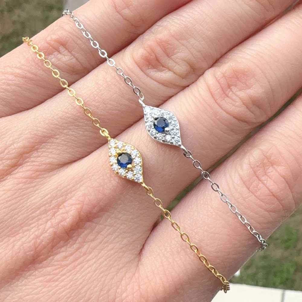 100% 925 Sterling Silver Micro Pave Cubic Zirconia Sparking Blue White CZ Evil Eye Charm Chain Bracelet Lucky Turkish Jewelry W250526