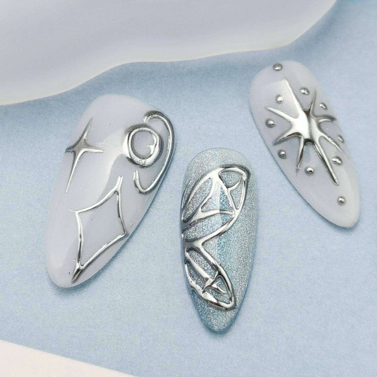 10pcs Handmade Press-on nails Medium Almond Nails Celestial Collection 3D Stars Moon Fake nails Bundle Finished nail stickers Free storage box jelly g
