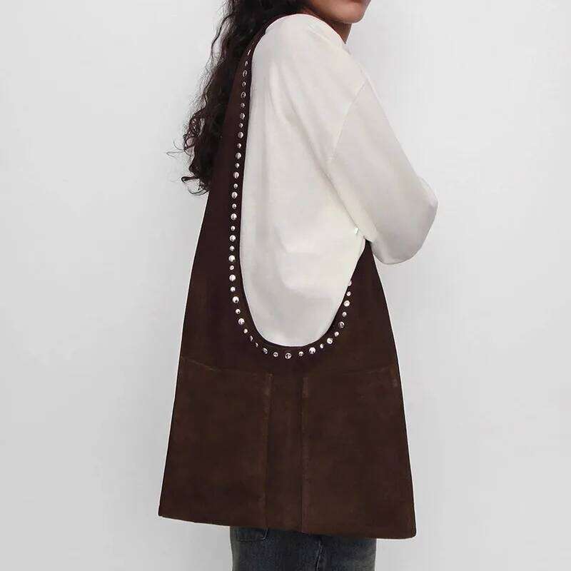 Women's Bags Designer Vintage Rivet Y2k Suede Women Shoulder Bags Motorcycle Style Large Capacity Tote Bag Soft Leather Handbags Shopper Purses
