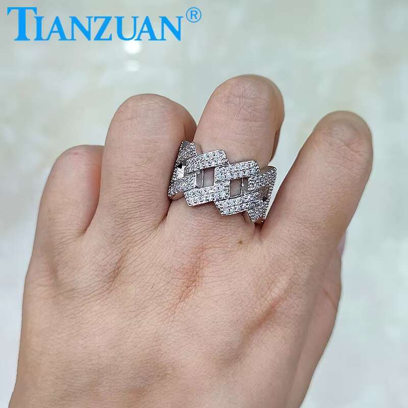 14mm Sterling 925 Silver Two Rows Solid Hip Hop Moissanite Ring Men Women Round Brilliant Diamonds Engagement Male Jewelry
