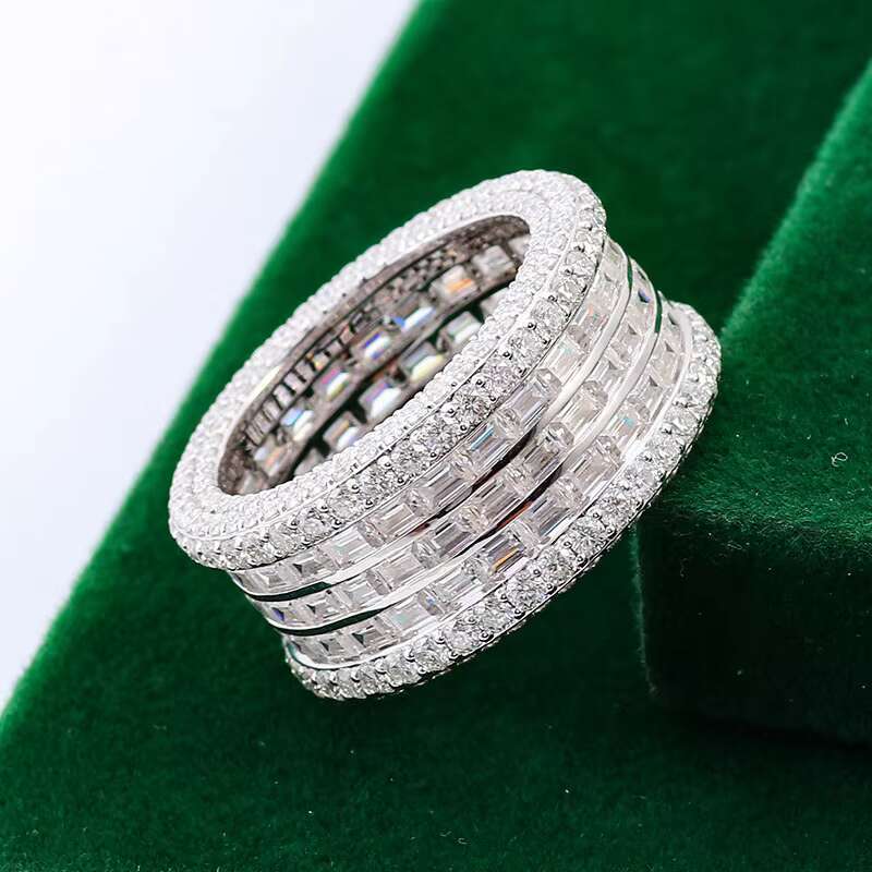 925Silver Men Moissanite Band With D Color VVS Three Rows Stone Ice Out Round Brilliant Cut Loose Diamond Hip Hop Ring Custom