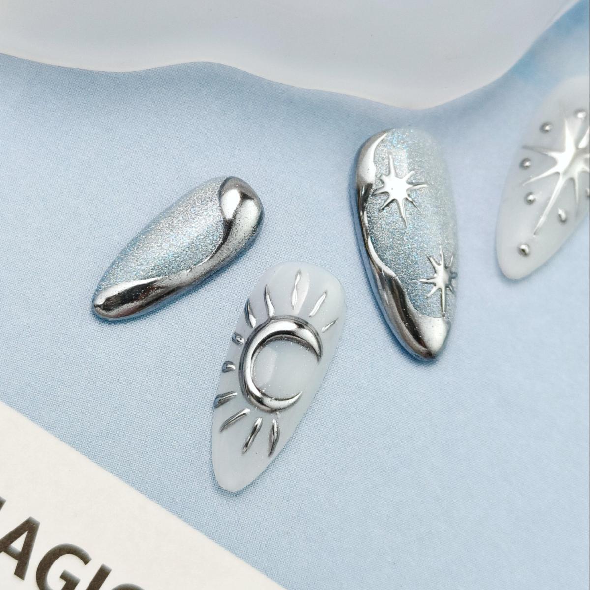 10pcs Handmade Press-on nails Medium Almond Nails Celestial Collection 3D Stars Moon Fake nails Bundle Finished nail stickers Free storage box jelly g