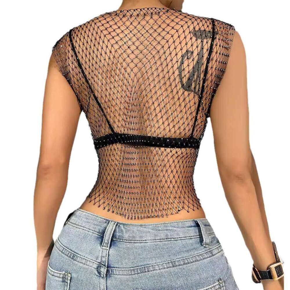 Sexy Nightclub Women's Fishnet Hollow Out Vest Mesh Sparkling Rhinestone Camisole Top for Women