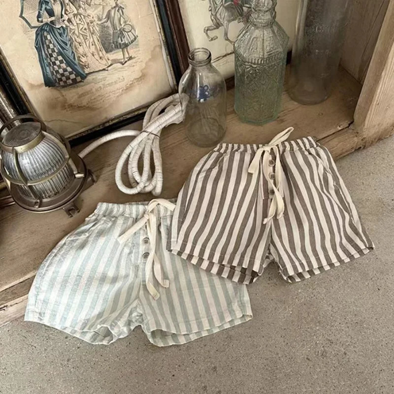 Ircomll Summer Childrens Clothing Short Vintage Linen Cotton Stripe Pants Boy Girl Casual Shorts Kids Wear 9M6Y 250527