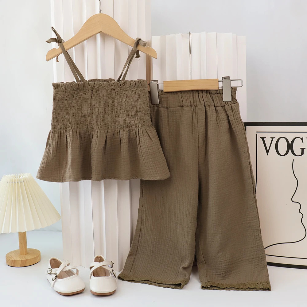 Bear Leader Korean Children Kids Clothing Set Girls Summer Organic Cotton Camisole Top Lace Wide Leg Pants Trousers Outfits 250527
