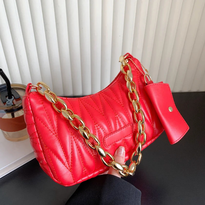 High-quality Lingge Womens One-Shoulder Dumpling Bag Girl Chain Armpit Bag Embroidery Thread Womens Two-Piece Womens Bag PU M 250526