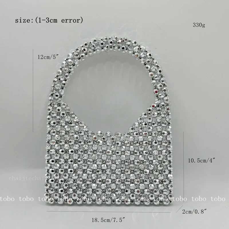 French Shiny Silver Beaded Top-handle Bags Designer Half Moon Handbags Cute Cool Young Girl Party Purses Original Versatile Bags W250527