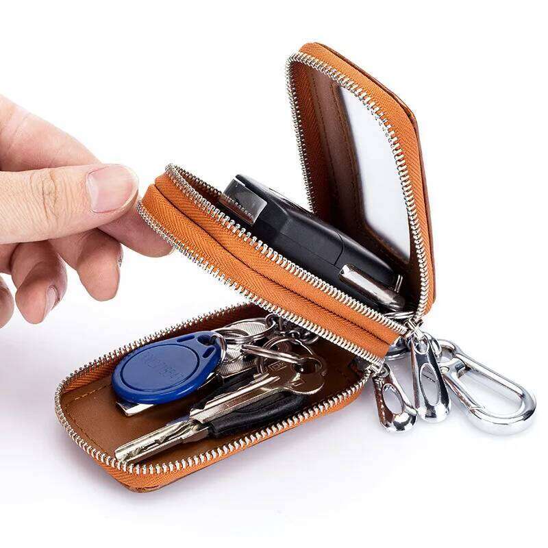 Chain, Universal Car Auto Split Leather 2 Zipper Key Case Holder Storage Bag For Man