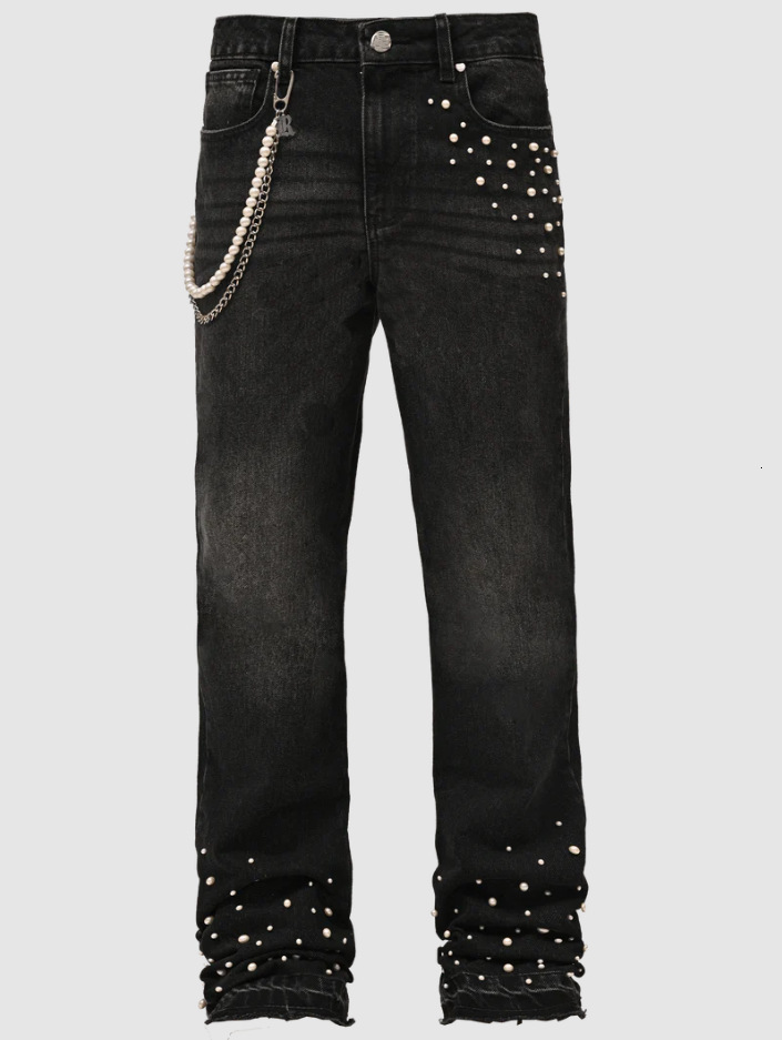New men's street fashion ins elastic diamond studded denim straight leg pants
