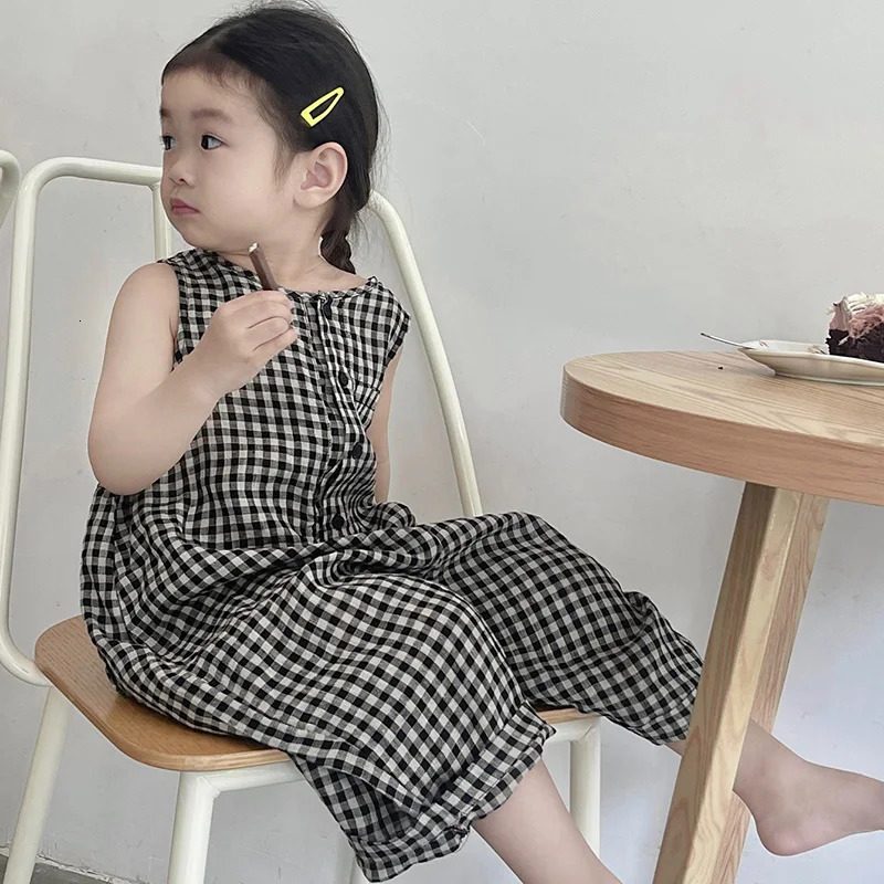 Summer 38T Girls Round Neck Black White Plaid Sleeveless Vest Jumpsuit Casual Loose Romper Wide Leg Pants 250527
