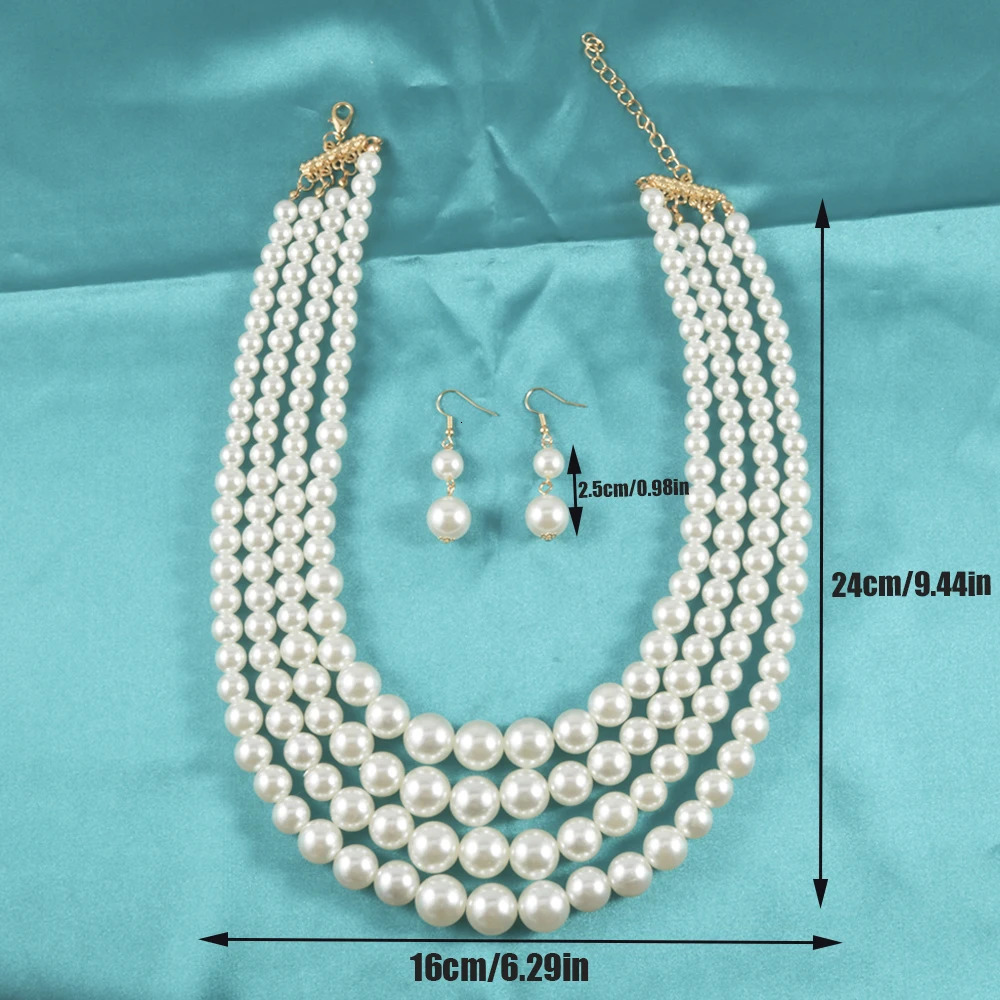 Vintage Baroque Style Round Pearl Necklace Dangle Earrings Jewelry Set Multi Strands Necklace Party Favors For Women 250522
