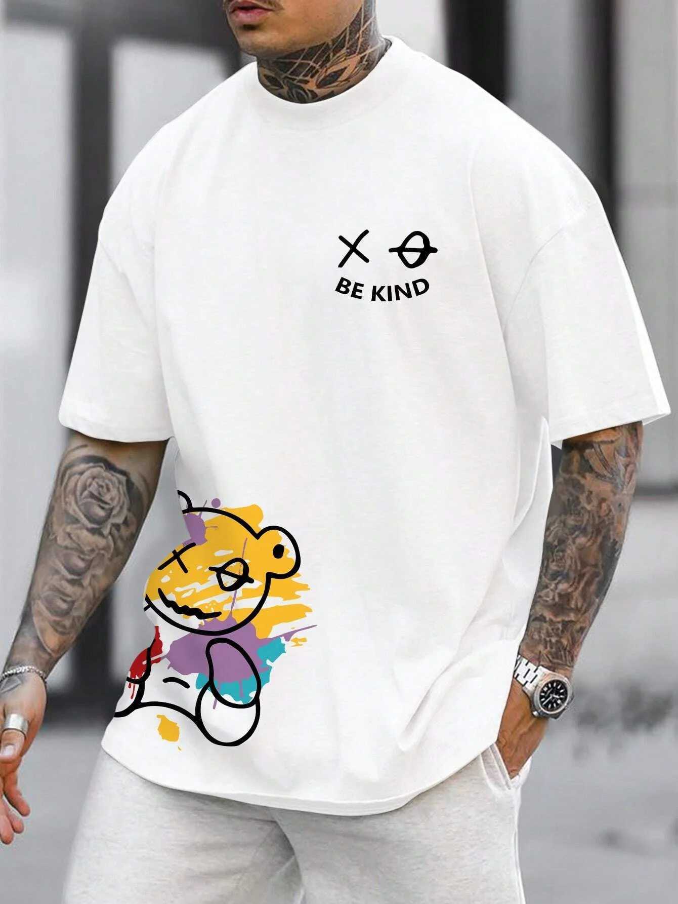 Mens 100% pure cotton summer loose size BE KIND letter cartoon print casual comfortable round neck short sleeve T-shirt top Z250527