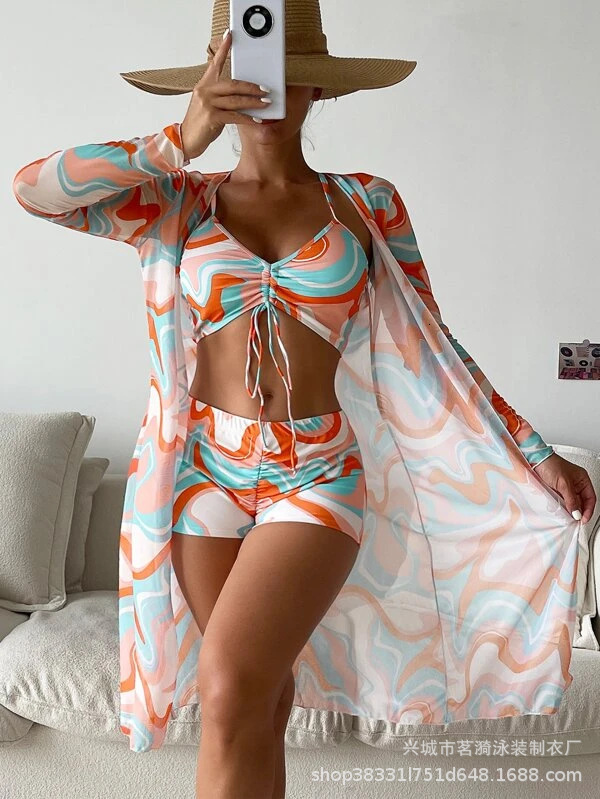 Outdoor Sexy Free Shipping 2025 New Designer Multi-color Mesh Hoodie Fashionable And Sexy, Paired With Knee Length Pants And A Three Piece Women'