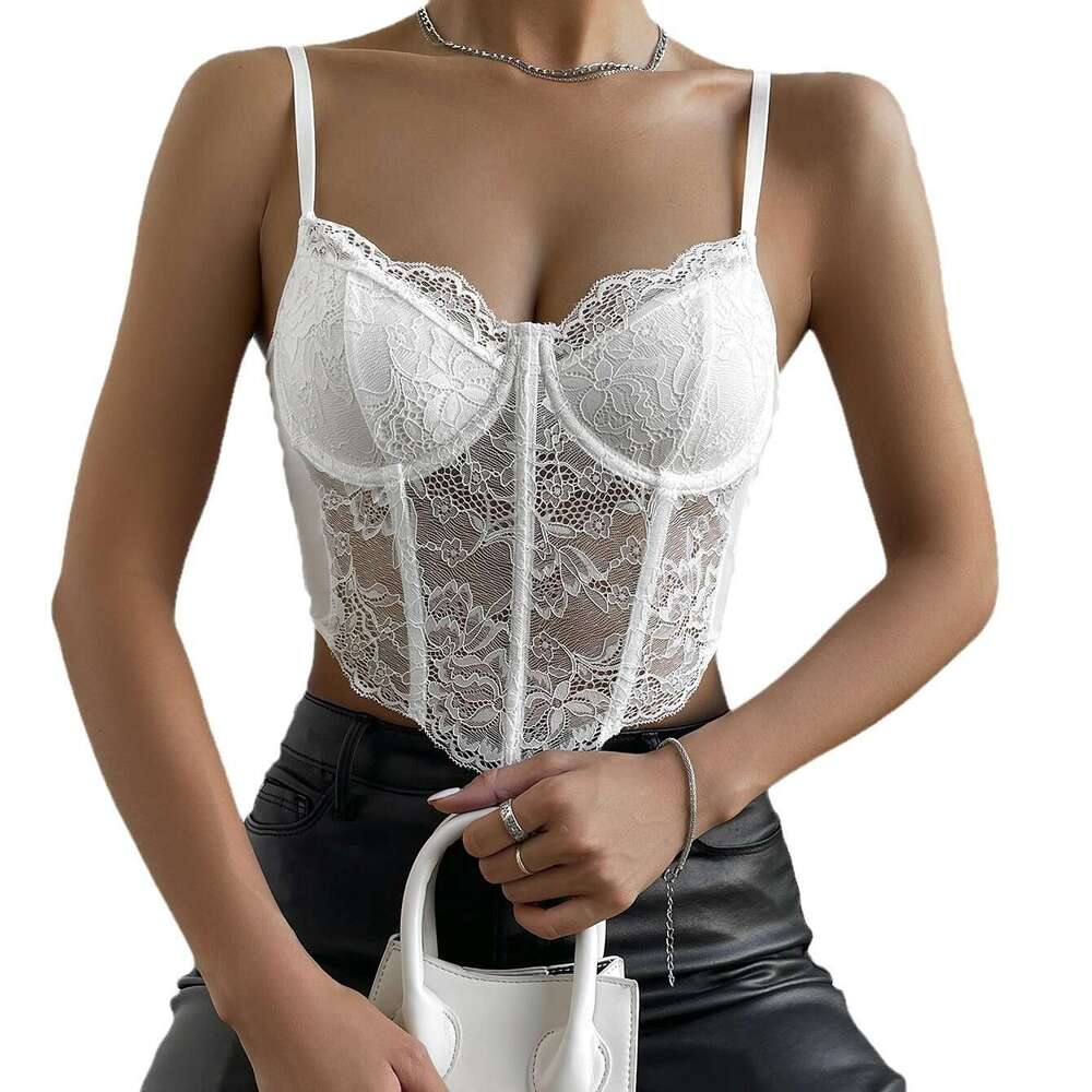 Sexy Lace Underwire Diamond Fishbone Crop Top See-through Hot Girl Slim Fit Vest for Women 10714