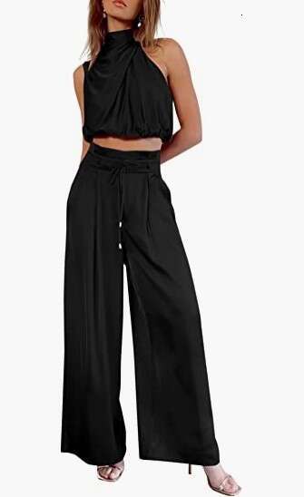 2025 New Women's Two-Piece Set Summer Casual Sleeveless Turtleneck Crop Top Wide-Leg Pants