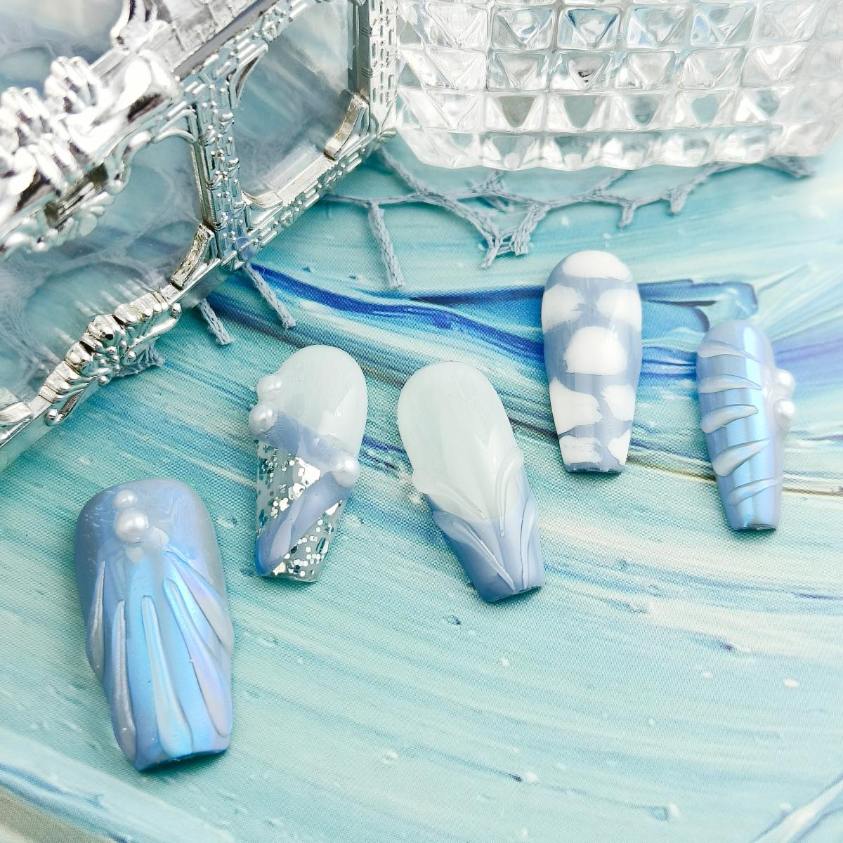 10pcs Handmade Press-on nails Long Coffin Nails 3D Hand drawn Fake nails Bundle Sweet Pearl Sequin Finished nail stickers Free storage box jelly glue 