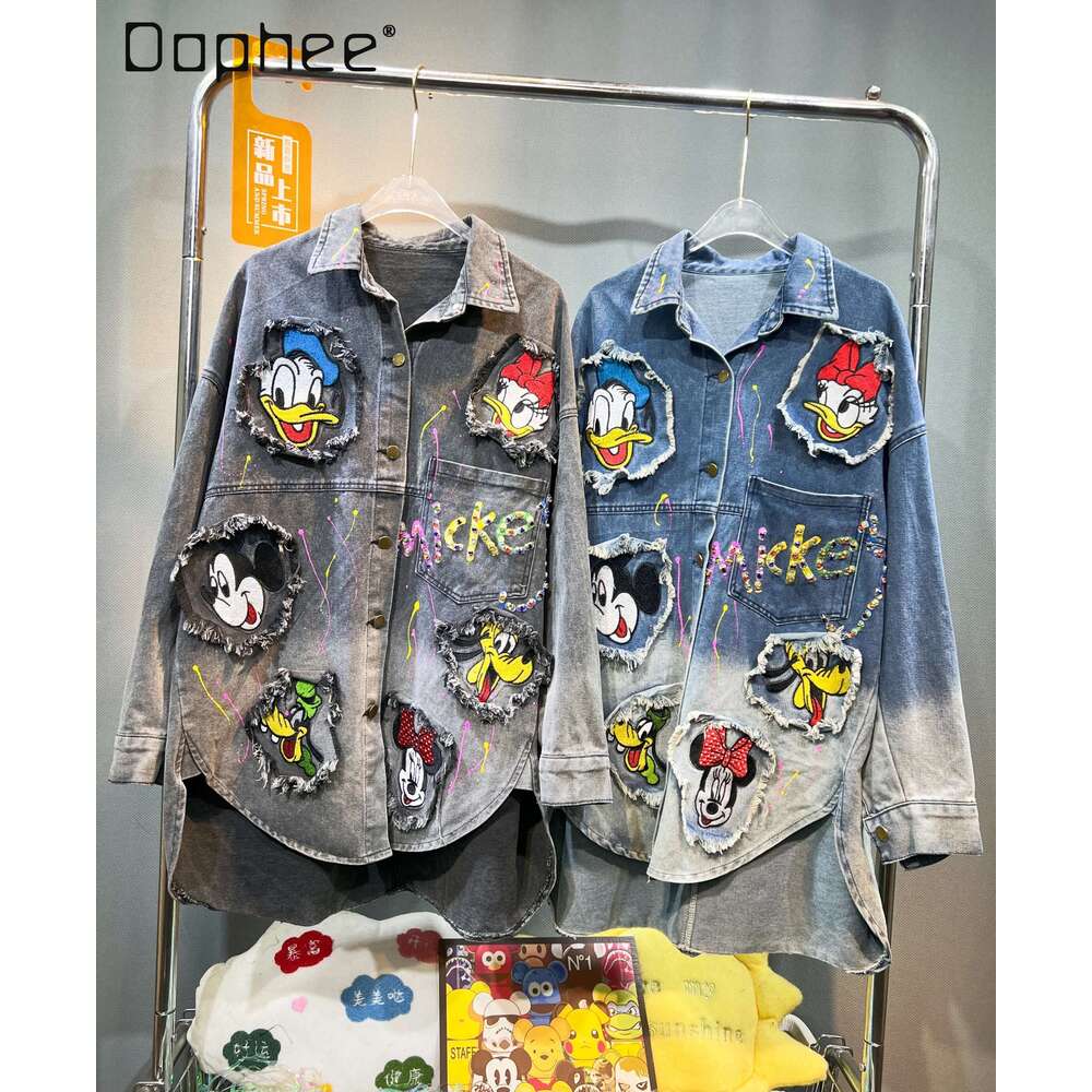 2024 Autumn New Retro Fashion Loose Versatile Gradient Colored Washed Denim Jacket Cartoon Sticker Bead Embroidered Shirt Women