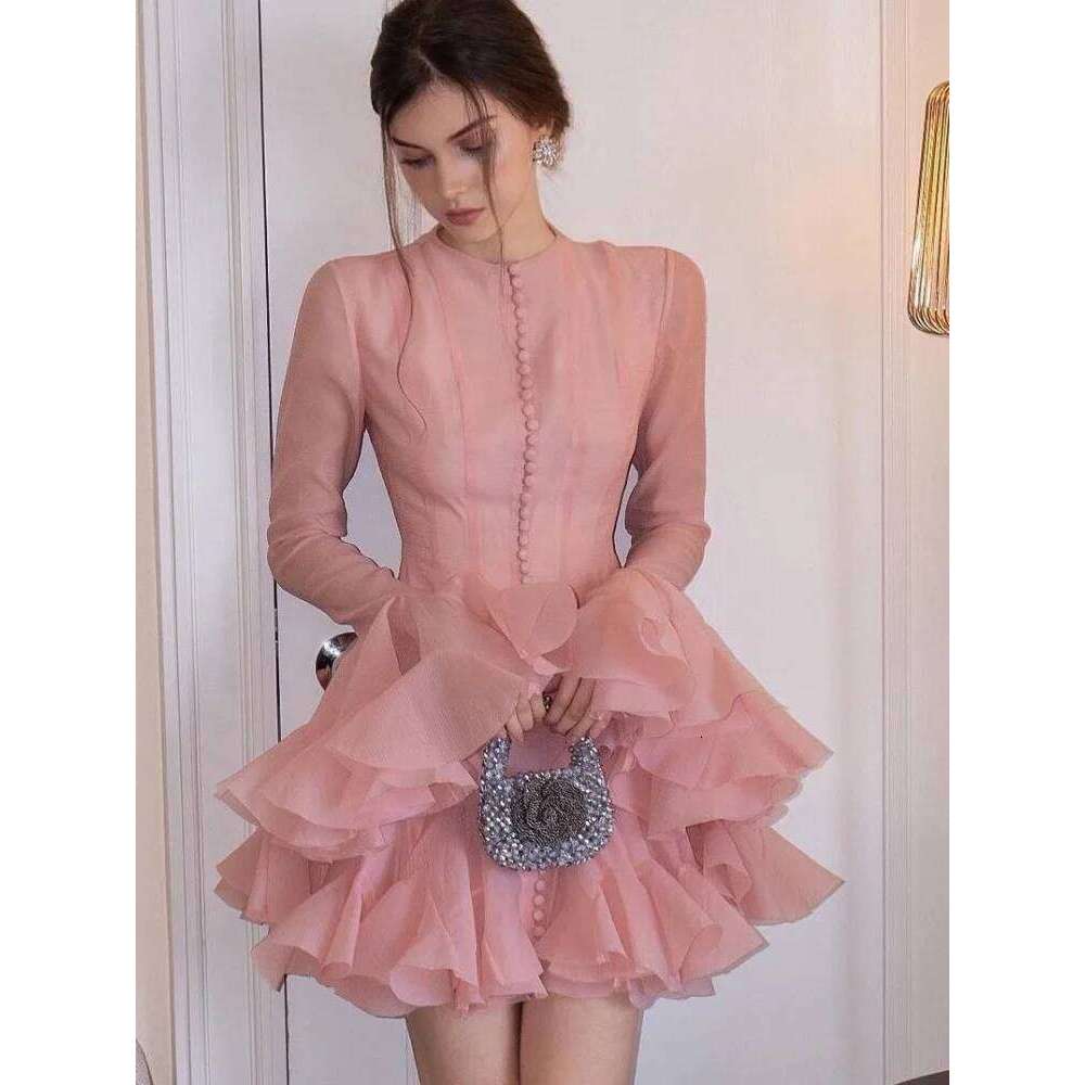 Elegant Single Breasted Ruffles Mini Dress Women Chic Flared Sleeve High Waist O-neck Vestidos 2025 Lady Party Gowns New