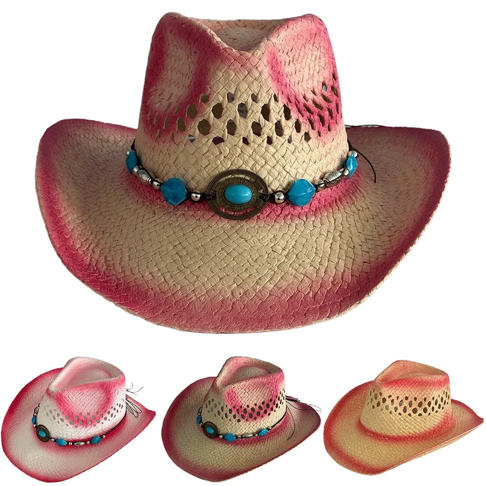 Summer Bohemia Vintage Western Cowboy Hat For Women Men Pink Gradual Change Beach Straw Hat Outdoor Wide Brim Hollow Out Sun Cap 250526