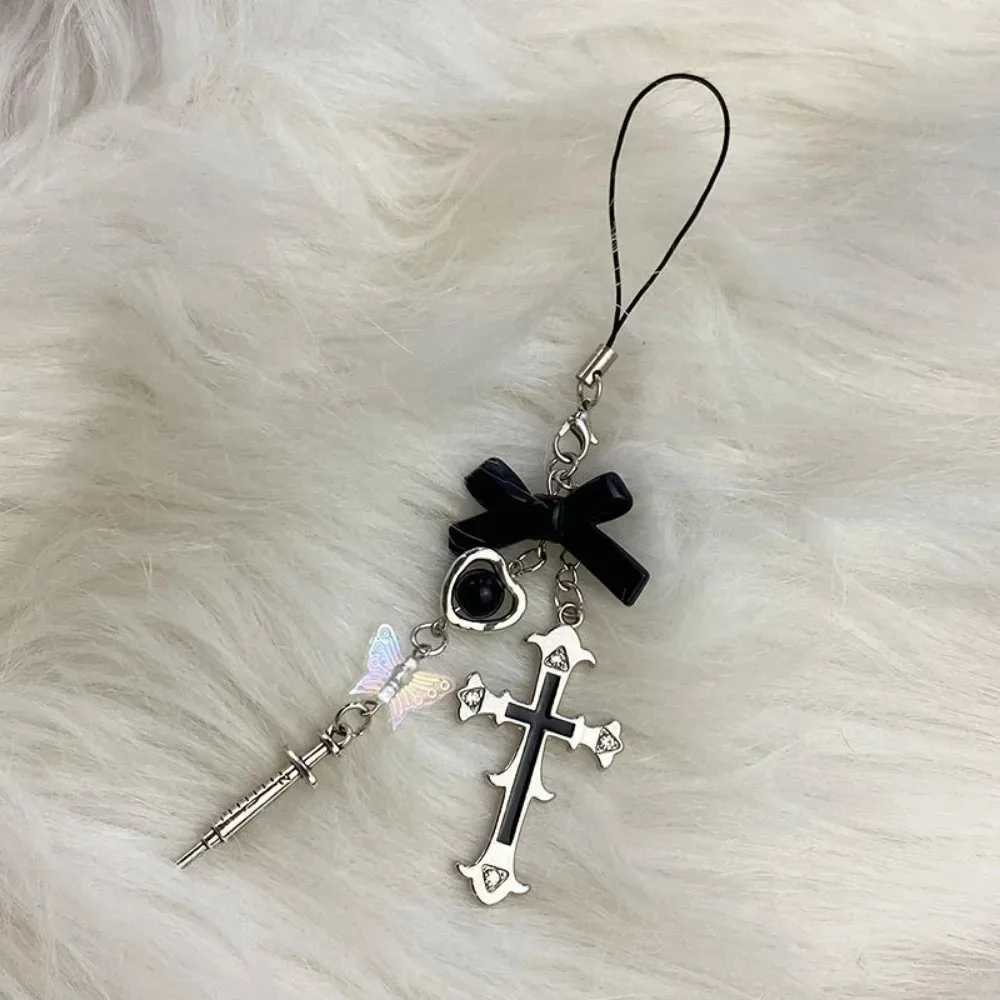 Gothic Butterfly Cross Phone Pendant Keychain Charm Bow Heart Girl Punk Chain Lanyard for IPhone Personality Accessories Gifts W250526