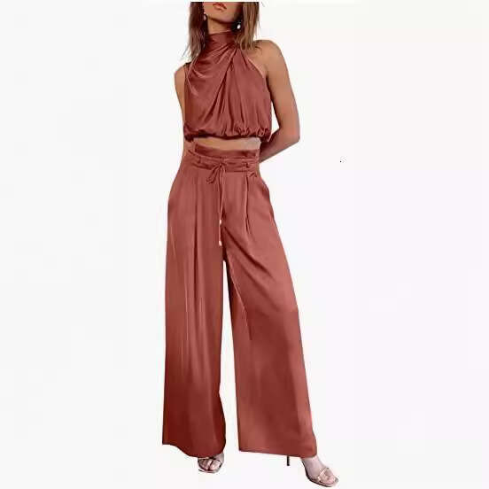 2025 New Women's Two-Piece Set Summer Casual Sleeveless Turtleneck Crop Top Wide-Leg Pants