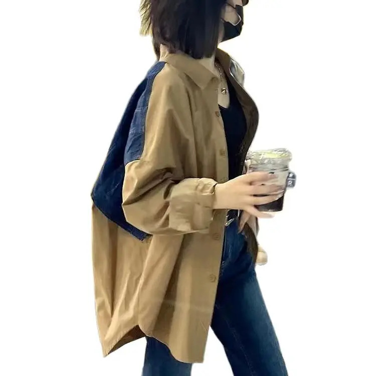 Getsring Women Blouse Denim Patchwork Stitched Ladies Shirt Long Sleeve Loose Leisure Irregular Shirts Fake Two Female Tops 250523