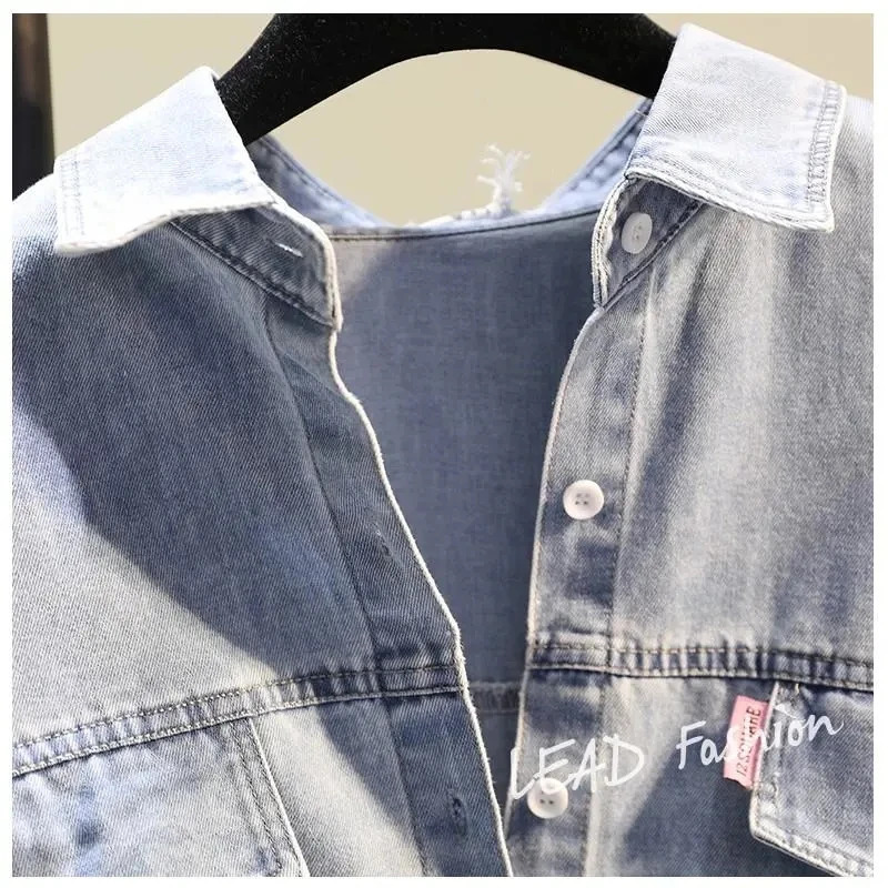Blue Striped Denim Patchwork High Street Long Sleeve Polo-Neck Womens Blouse Shirt Korean Fashion Female Clothing Tops Spring 250523