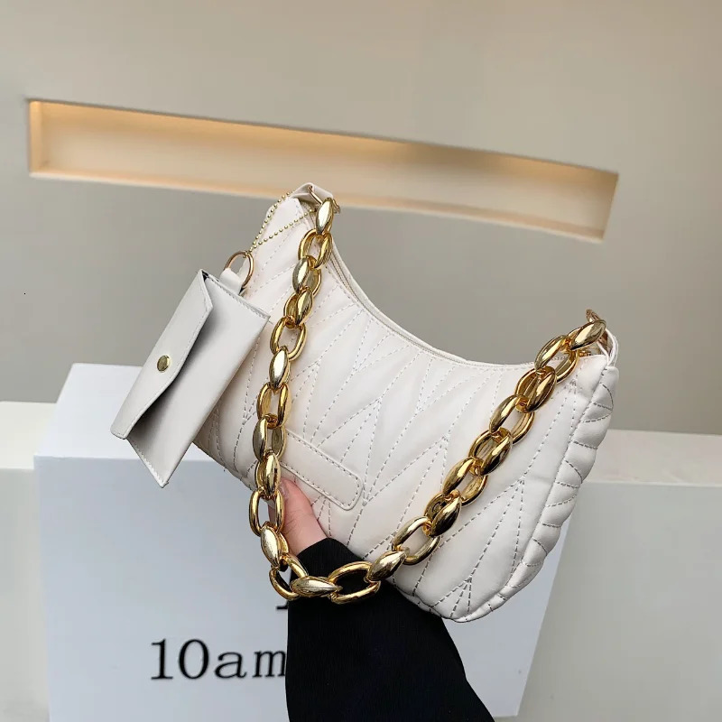 High-quality Lingge Womens One-Shoulder Dumpling Bag Girl Chain Armpit Bag Embroidery Thread Womens Two-Piece Womens Bag PU M 250526