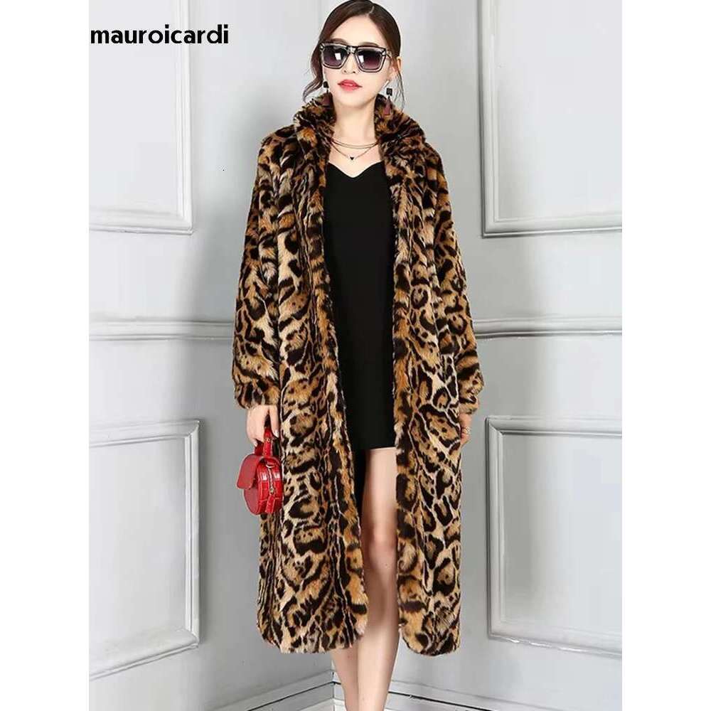 Mauroicardi Winter Long Colorful Leopard Print Warm Fluffy Faux Fur Coat Women Stand Collar Raglan Sleeve European Fashion 2024